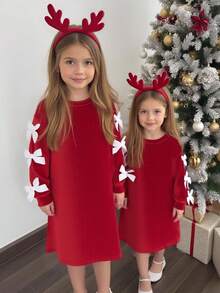 Emery Rose Kids Emery Rose Kids Sukienka dla młodej dziewczyny z kokardkami na rękawach, elegancka i urocza, idealna na święta, imprezy, urodziny, jesień/zimę