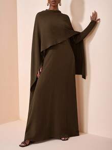 Zivah 2025 女式西部游牧风、生日派对风格、百搭休闲日常穿着、休闲度假、邮轮旅行斗篷不对称下摆宽松上衣和连衣裙套装 - 軍綠色 - 查看 7