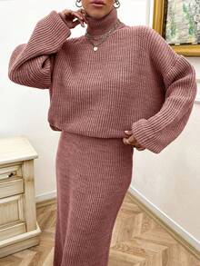 EURMUSE Maglione oversize casual a collo alto con maniche doppie e spalle scoperte, e gonna lunga aderente a coste - set di 2 pezzi