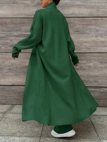 EURMUSE Women's Solid Color Collarless Sleeveless Basic Top, Long Sleeve Maxi Jacket And Long Pants Set - Green - View 2