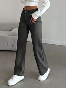 SHEIN Tall HIGH RISE BEIGE WIDE LEG TALL SIZE JEAN - Dark Grey - View 4
