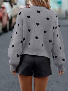 EMERY ROSE Women's Autumn/Winter Fashion Drop Shoulder Long Sleeve Heart Pattern Sweater - Grey - View 2