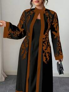 SHEIN Clasi 大码女式连体优雅度假风印花立领喇叭袖修身连衣裙 - 彩色 - 查看 7