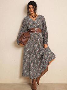 Freevana 大码秋季服装全印花褶皱豹纹长袖连衣裙/秋季连衣裙/秋季女装秋季婚礼宾客连衣裙优雅女士连衣裙商务休闲女士工作连衣裙商务连衣裙 - 綠色 - 查看 4