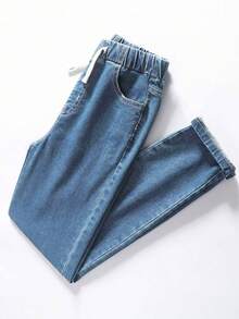 SHEIN Explorewe Young Boy Elastic Waist Drawstring All-Match Simple Versatile Comfortable Stretchy Slim Fit Light Grey Casual Jeans