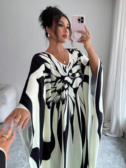 Elenzga Vestido de mujer con estampado floral a rayas, cuello en V, mangas de murciélago, suelto, negro y crema, estilo bohemio elegante de otoño para vacaciones de Al-Adha, atuendo casual para ocio