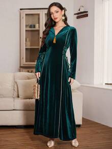 Al Najma Emerald Green Waist Tie Flared Long Sleeve Velvet Elegant Dress, Suitable For Formal Occasions, Autumn/Winter