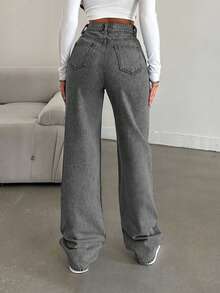 SHEIN Cottnline Snow Wash Straight Leg Jeans High Rise ,Petite Women - Grey - View 2