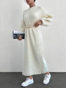 EURMUSE Robe pull ample à col rond et épaules dégagées unicolore pour femme, convient pour l'automne/hiver - Blanc - Voir 5