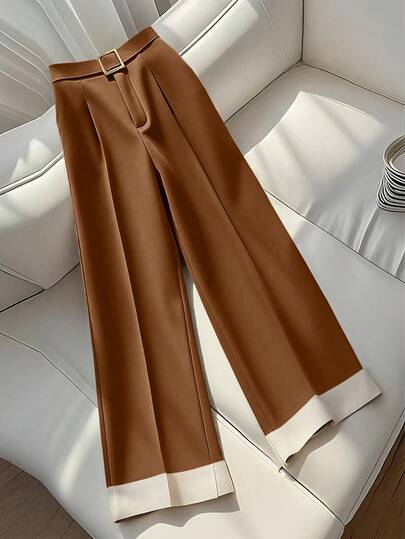 Lyxana Pantalones anchos de color marrón moca de uso versátil y elegante para el diario con diseño de dobladillo contrastante