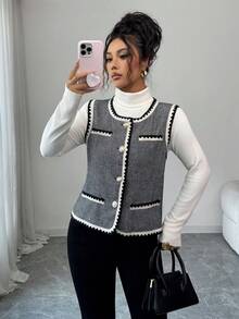 SHEIN Clasi Women's Round Neck Open Front Sleeveless Herringbone Tape Trim Jacket, Suitable For Office, Shopping, Commuting And Other Occasions, Carnival Night - Grey - View 4