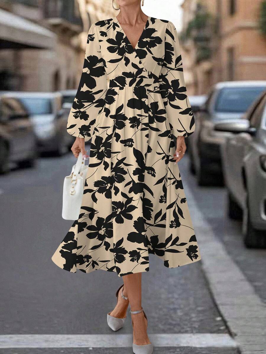 SHEIN Clasi 复古杏色印花女式长裙,适合日常穿着 - 彩色 - 查看 1