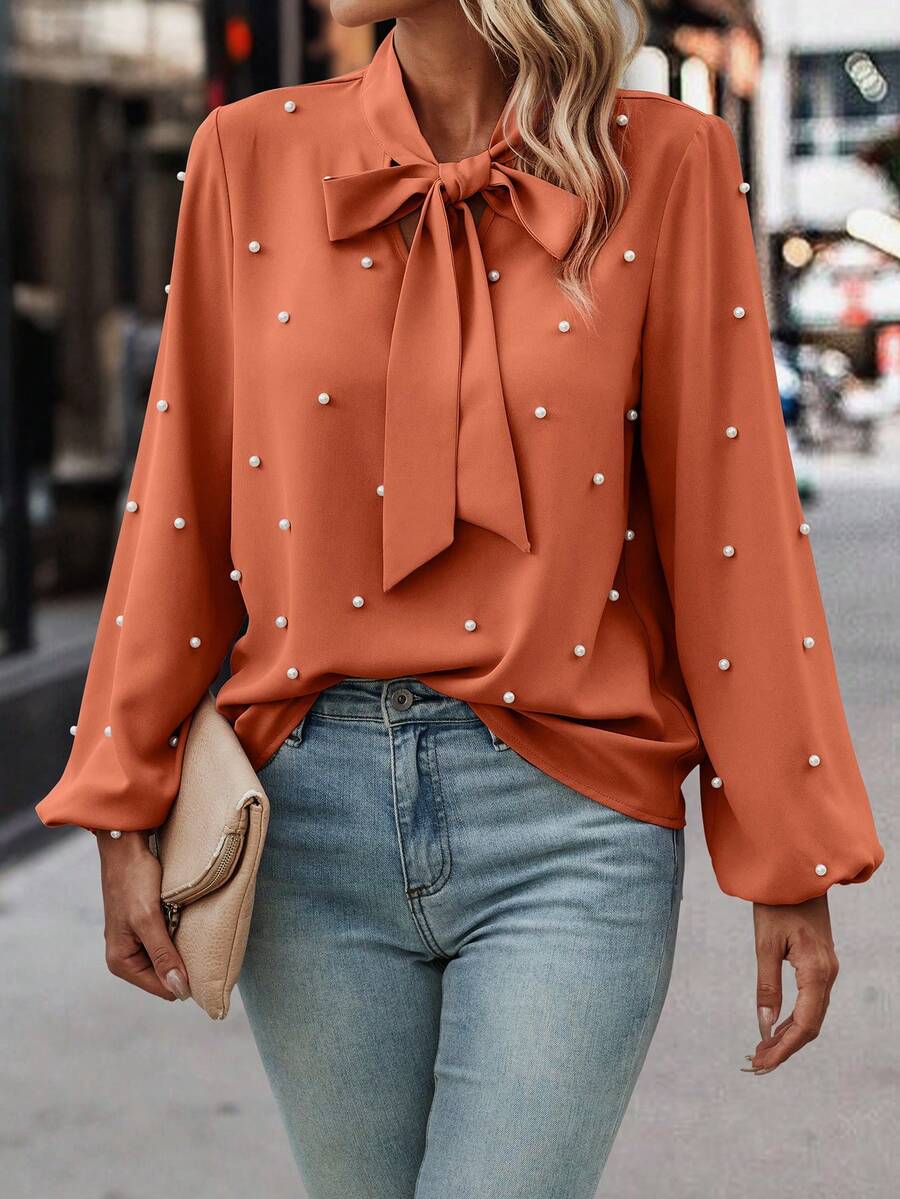 EMERY ROSE Áo cánh tay dài thanh lịch cổ thắt nơ màu trơn đính ngọc trai giả cho nữ - Màu Cam cháy - Xem 1