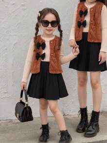 3pcs Girls Outfit: Apricot Ribbed Turtleneck Long Sleeve Top, Black Pleated Skirt, Apricot Fuzzy Vest - Apricot - View 7