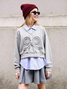 Girls Casual Versatile 2 In 1 Sweatshirt, With Blue & White Striped Shirt Collar, Cuffs And Hem, Black Letter Print Graphic On Chest, Suitable For Autumn/Winter Outings, Travel, Walking, School, Commuting, Can Be Paired With Jackets, Pants, Sweatpants - Grey - View 4