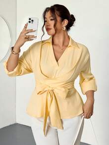 Firerie 大码优雅休闲工作服办公室衬衫裙，卷袖，交叉领带，小 V 领，百搭长衬衫裙，适合任何场合，春/秋/冬 - 黃色 - 查看 8