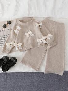 Suéter com Decoro de Laço Fashionável e Doce com Gola Redonda e Calça Reta Casual Adequada para Meninas Pré-Adolescentes, Ideal para Casa, Passeio, Festa, Volta às Aulas - Damasco - Visão 1
