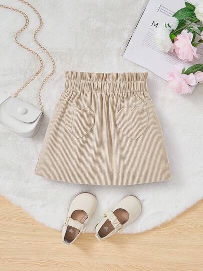 SHEIN 年轻女孩灯芯绒纸袋腰荷叶边下摆松紧腰心形口袋 A 字裙