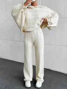 EURMUSE Casual Cable Knit Hooded Crop Sweater & Cable Knit Sweater Pants 2 Piece Co-Ords - Beige - View 3