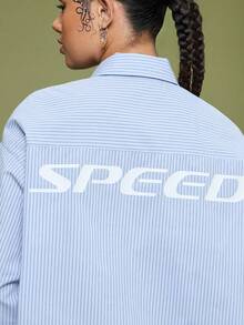 COUREZ Blue And White Stripe Oversized Long Sleeve Shirt With Back Print,Autumn Casual School Back-To-School Y2K Women's Blouses,Elegant Party Tops - Blue - View 3