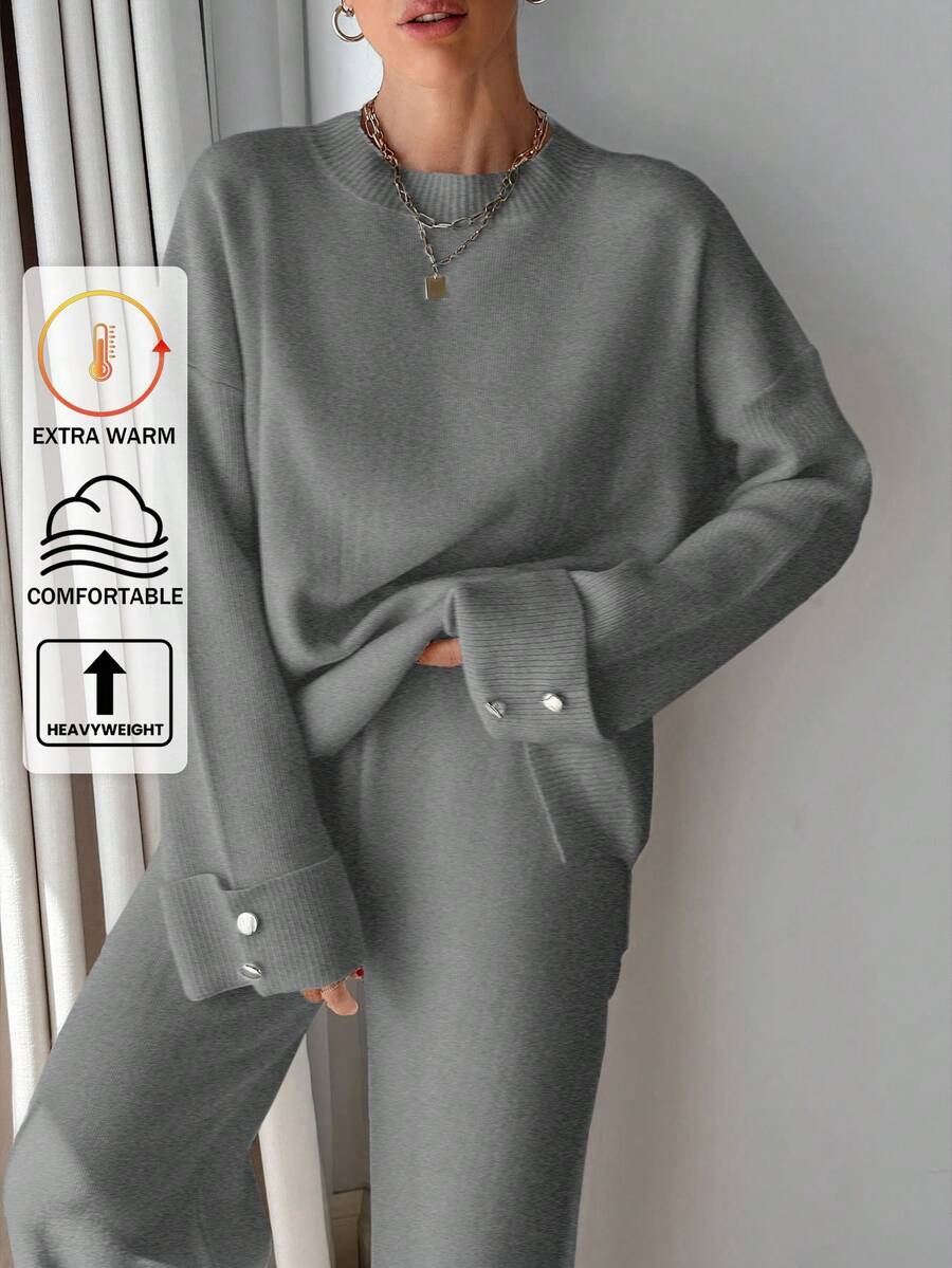 EURMUSE Women Button Detailed Sweater And Pant Set - Dark Grey - View 1