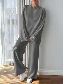 EURMUSE Women Button Detailed Sweater And Pant Set - Dark Grey - View 5