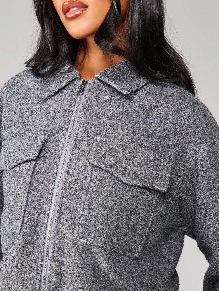 MISSGUIDED Heathered Cropped Utility Jacket With Zip Closure And Chest Pockets For Fall Winter