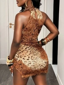 BamGleam Đầm ôm body hở lưng họa tiết da báo xẻ tà gợi cảm dành cho nữ - màu nâu - Xem 2