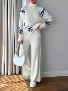 EURMUSE Women 3d Floral Embroidery Sweater Co-Ord Set - White - View 3