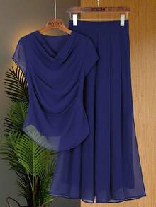 Franclia 法式荷叶边领口雪纺上衣配阔腿裤休闲修身套装