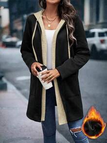 EMERY ROSE 女式休闲时尚街头拼接口袋抽绳连帽保暖内衬保暖夹克，秋冬 - 杏色 - 查看 5