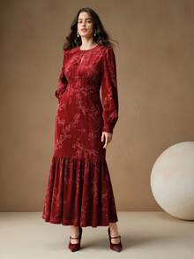 Anewsta 新款优雅复古丝绒提花泡泡袖鱼尾连衣裙，适合秋季、冬季、春季、新年、派对、婚礼等场合，优雅、别致、时尚，圣诞节穿着也十分合适。 - 紅色 - 查看 5