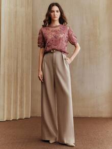 Anewsta 女式秋季花卉网眼圆领短袖针织上衣春季女装 - 中紫紅色 - 查看 7