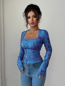 Elenzga 女士优雅 U 领花卉印花褶皱腰长袖 T 恤上衣，适合女性日常生活、派对、通勤、秋冬季 - 藍色 - 查看 4