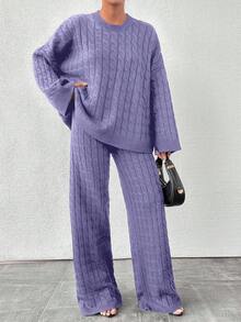 EURMUSE Bộ 2 áo len dệt kim trơn thả vai thường ngày cho nữ và quần - Màu Lilac Tím - Xem 5