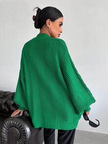 EURMUSE Cable Knit Lantern Sleeve Button Front Cardigan - Green - View 2