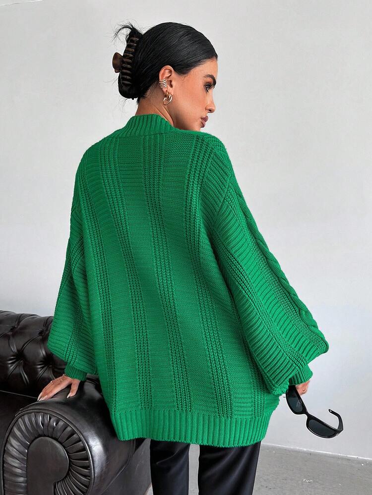 EURMUSE Cable Knit Lantern Sleeve Button Front Cardigan - 綠色 - 查看 2
