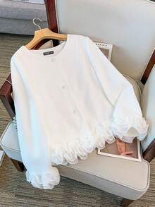 GlowEve CURVE Plus Size Women Round Neck Long Sleeve Jacket, Versatile Minimalist Design Suitable For Autumn/Winter Daily Commute, Ruffle Cuff Detail - White - View 3