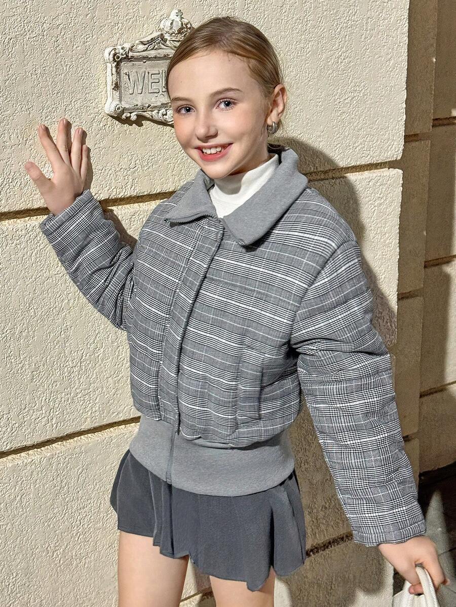 Girls' Retro Gray Oversized Collar Loose Short Padded Coat, Suitable For Daily Wear In Winter - Grey - View 1