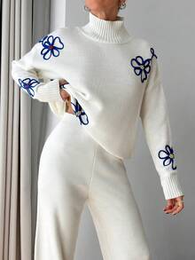 EURMUSE Women 3d Floral Embroidery Sweater Co-Ord Set - White - View 6