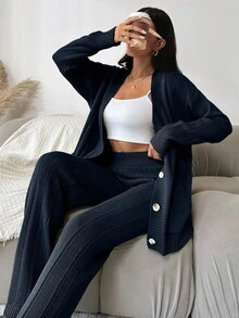 EURMUSE 2pcs Women's Solid-Color Dropped Shoulder Loose Cardigan And Knitted Pants Set, Autumn-Winter - Navy Blue - View 7