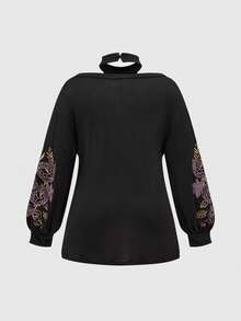 ROMWE Goth Conjunto de 2 piezas de talla grande para mujer, con estampado de piel de serpiente y bordado floral, que incluye camiseta de tirantes + parte superior exterior - Negro - Ver 2