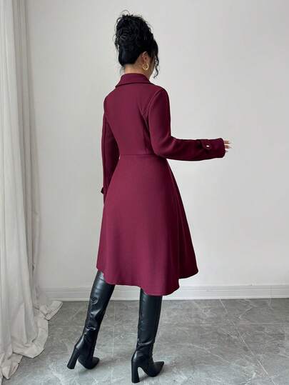 SHEIN Elenzya 女士双排扣翻领优雅休闲街头通勤商务浪漫约会派对圣诞外套，酒红色，秋冬款