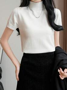 EMERY ROSE Women's Solid Color Minimalist Everyday Slim Fit Turtleneck Short Sleeve Top - White - View 5