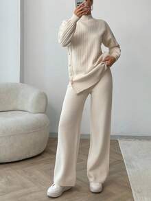 EURMUSE Women Solid Color Button Detailed Mock Neck Drop Shoulder Pullover & Sweater Pants Set - Beige - View 9
