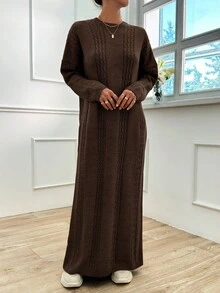 EURMUSE Abito a maglia a costine tinta unita da donna, stile casual e minimalista per l'autunno/inverno - Castano - Visualizzare 4