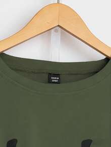 SHEIN LUNE Áo nỉ dài tay cổ tròn in chữ thời trang cỡ lớn - màu xanh lá - Xem 4