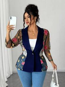 Elenzga Plus Size Women Colorful Floral Embroidered Long Sleeve Top - Navy Blue - View 1