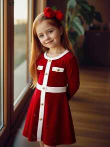 SHEIN Kleine Mädchen Kleid - eine Kombination aus retro, süß, modisch und elegant. Ein glänzendes paillettenverziertes Samtkleid mit kontrastierenden Farbflächen und langen Ärmeln, mit funkelnden herzförmigen Pailletten. Ein lässiges, simples und elegantes Kleid, geeignet für die Hochzeitssaison, damenhaft für Jungen, Herbst- und Winterstil, geeignet für Weihnachten, Partys, den Alltag, Geburtstagskleider, Prinzessinnenoutfits, Schwester-Schwester-Matching-Styles. - Rot - Übersicht 3