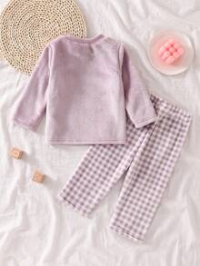 女婴毛绒格子长袖上衣和裤子舒适睡衣套装